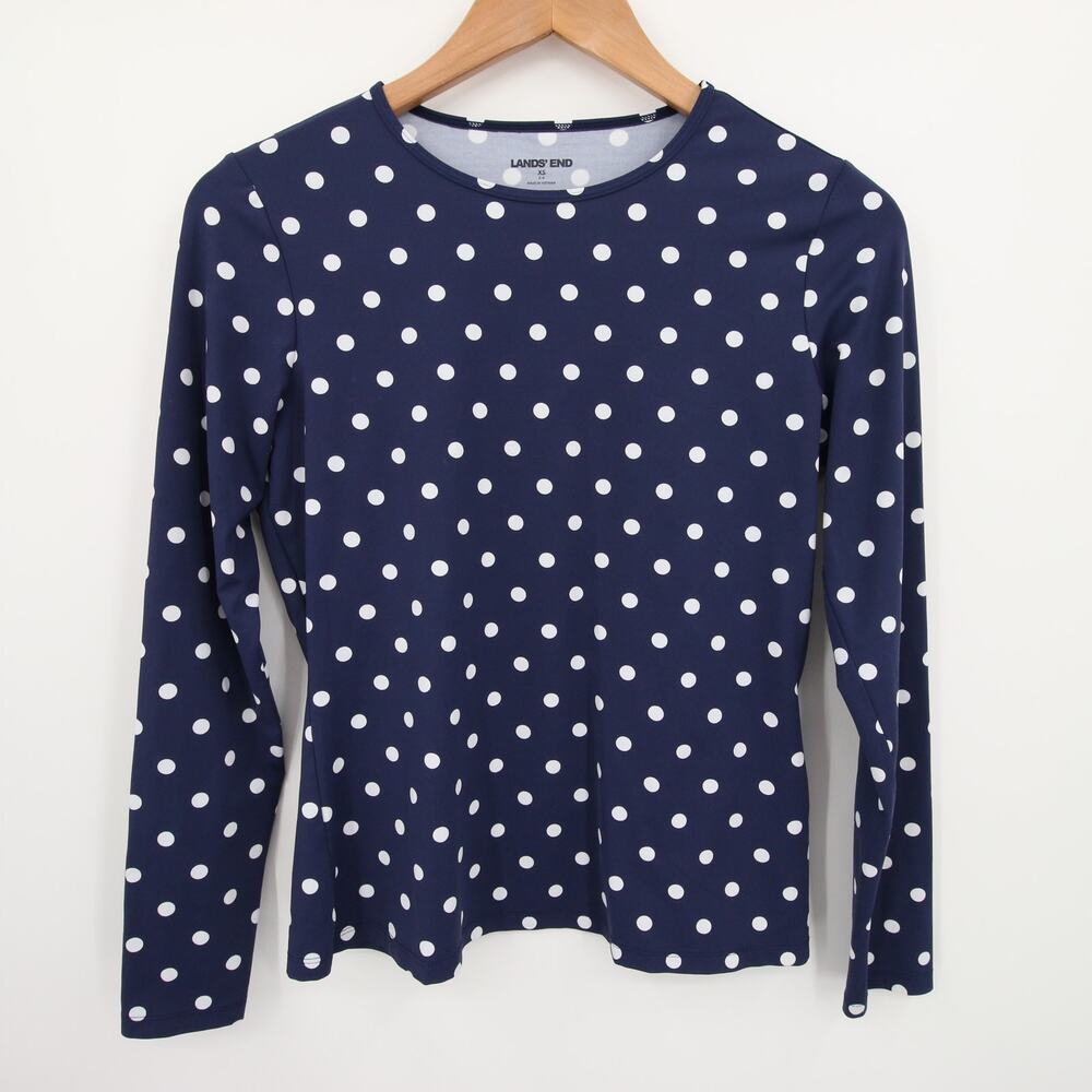 Lands End Rash Guard Blue White Polka Dot Long Sleeve Crewneck Swim UPF Size XS